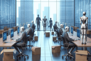 The image show humanoid robots sitting at desks and working.