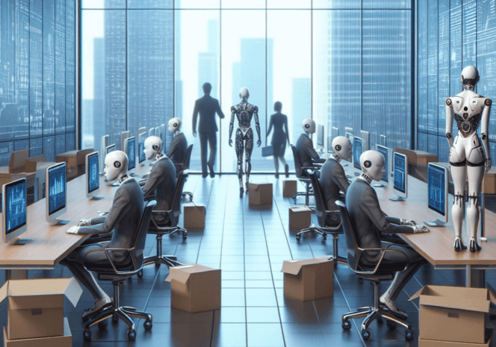 The image show humanoid robots sitting at desks and working.