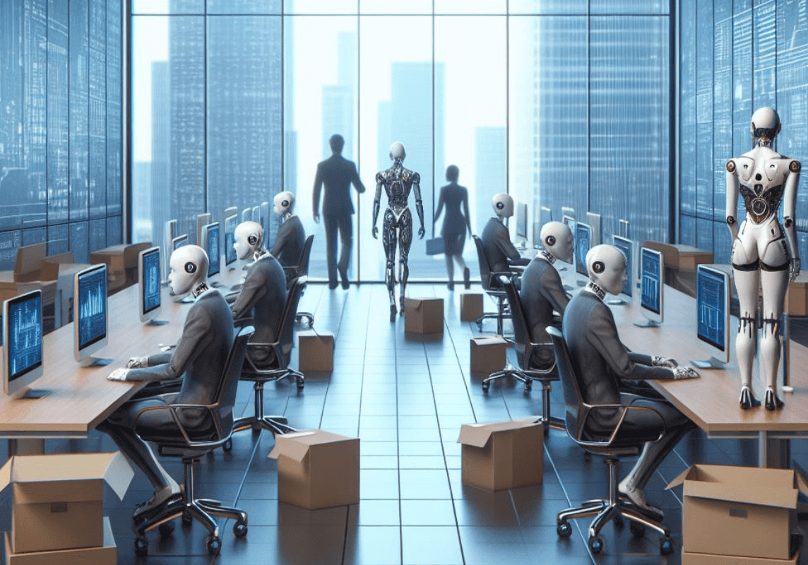 The image show humanoid robots sitting at desks and working.